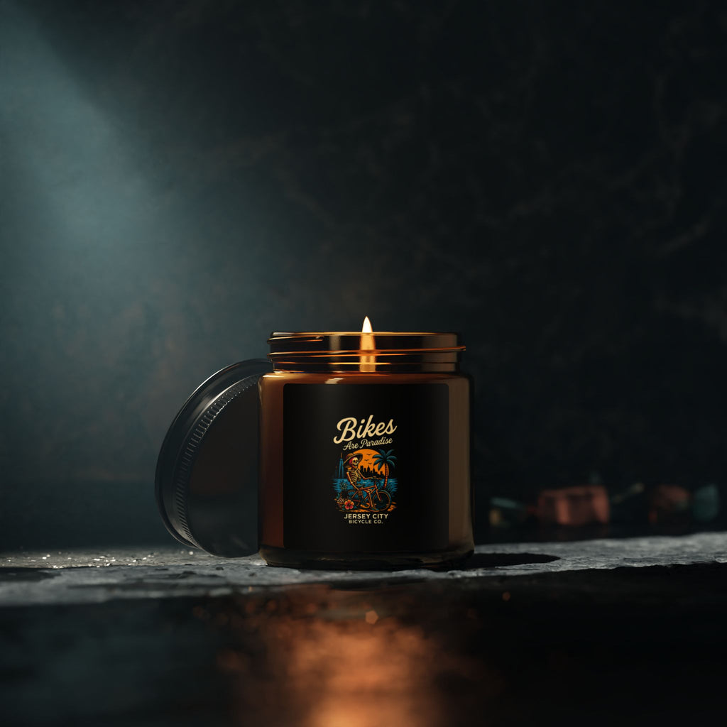 Bike Lover Candle — 'Bikes Are Paradise' Scented Soy Candle (Amber Jar)