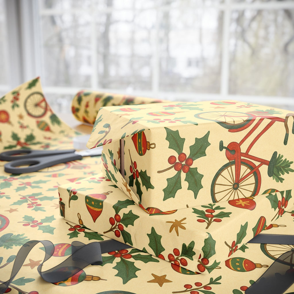 Vintage Holiday Wrapping Paper Roll – Retro Ornaments & Holly Gift Wrap