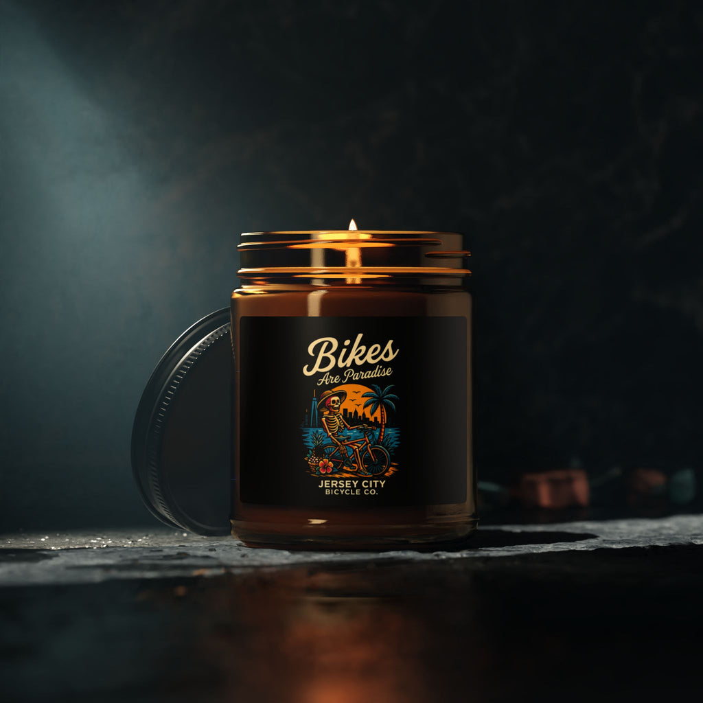 Bike Lover Candle — 'Bikes Are Paradise' Scented Soy Candle (Amber Jar)