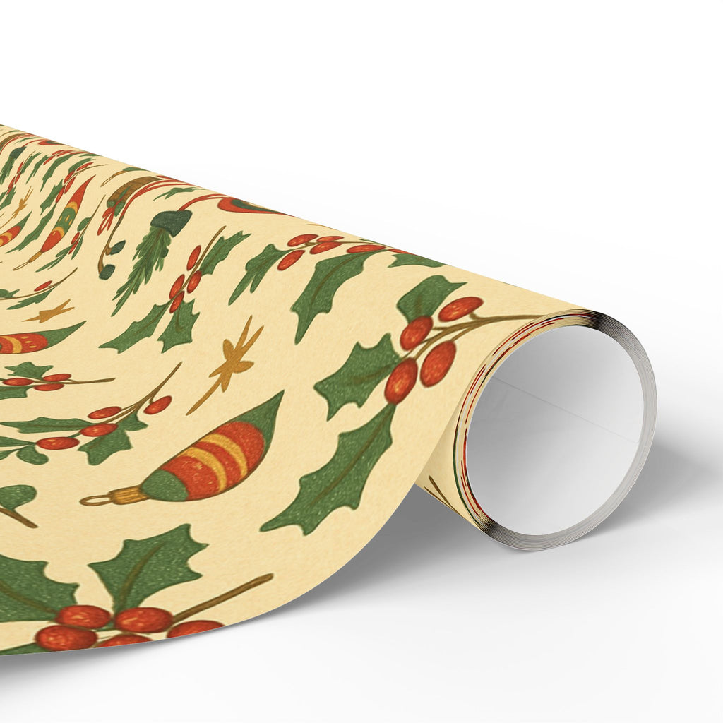 Vintage Holiday Wrapping Paper Roll – Retro Ornaments & Holly Gift Wrap