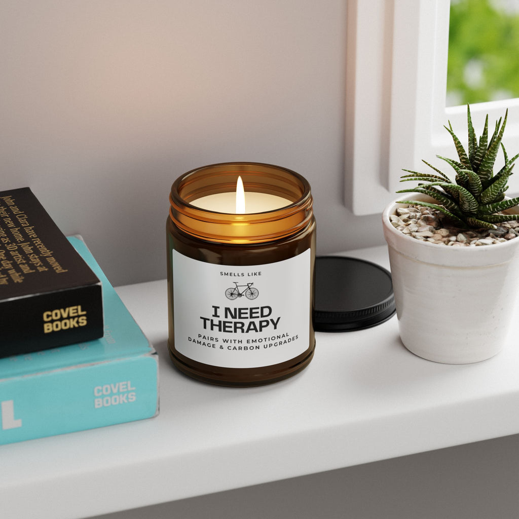 Cyclist Candle — “Smells Like I Need Therapy” Scented Soy Candle (Amber Jar)