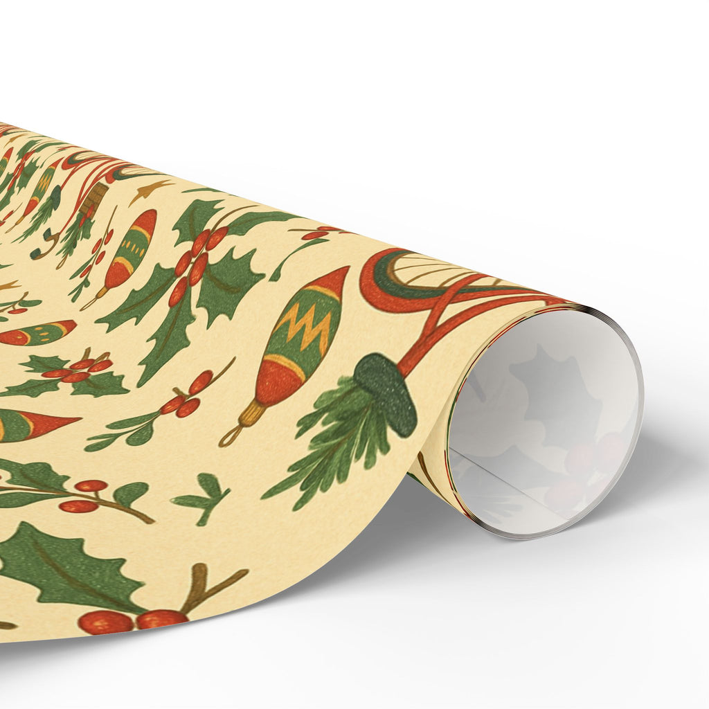Vintage Holiday Wrapping Paper Roll – Retro Ornaments & Holly Gift Wrap