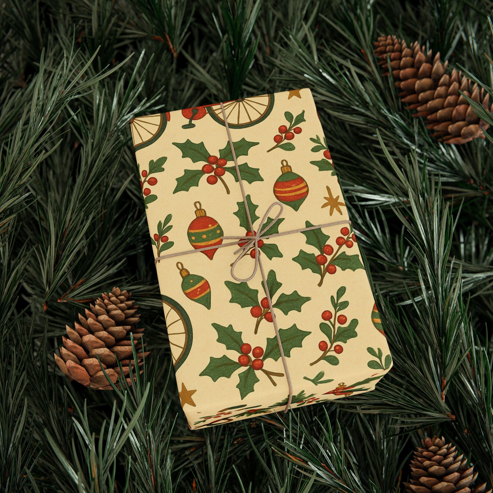 Vintage Holiday Wrapping Paper Roll – Retro Ornaments & Holly Gift Wrap