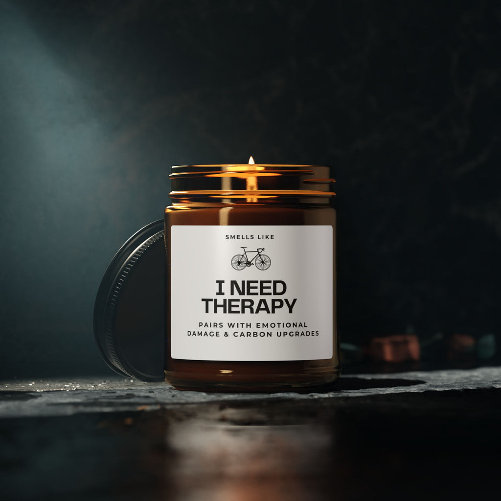 Cyclist Candle — “Smells Like I Need Therapy” Scented Soy Candle (Amber Jar)