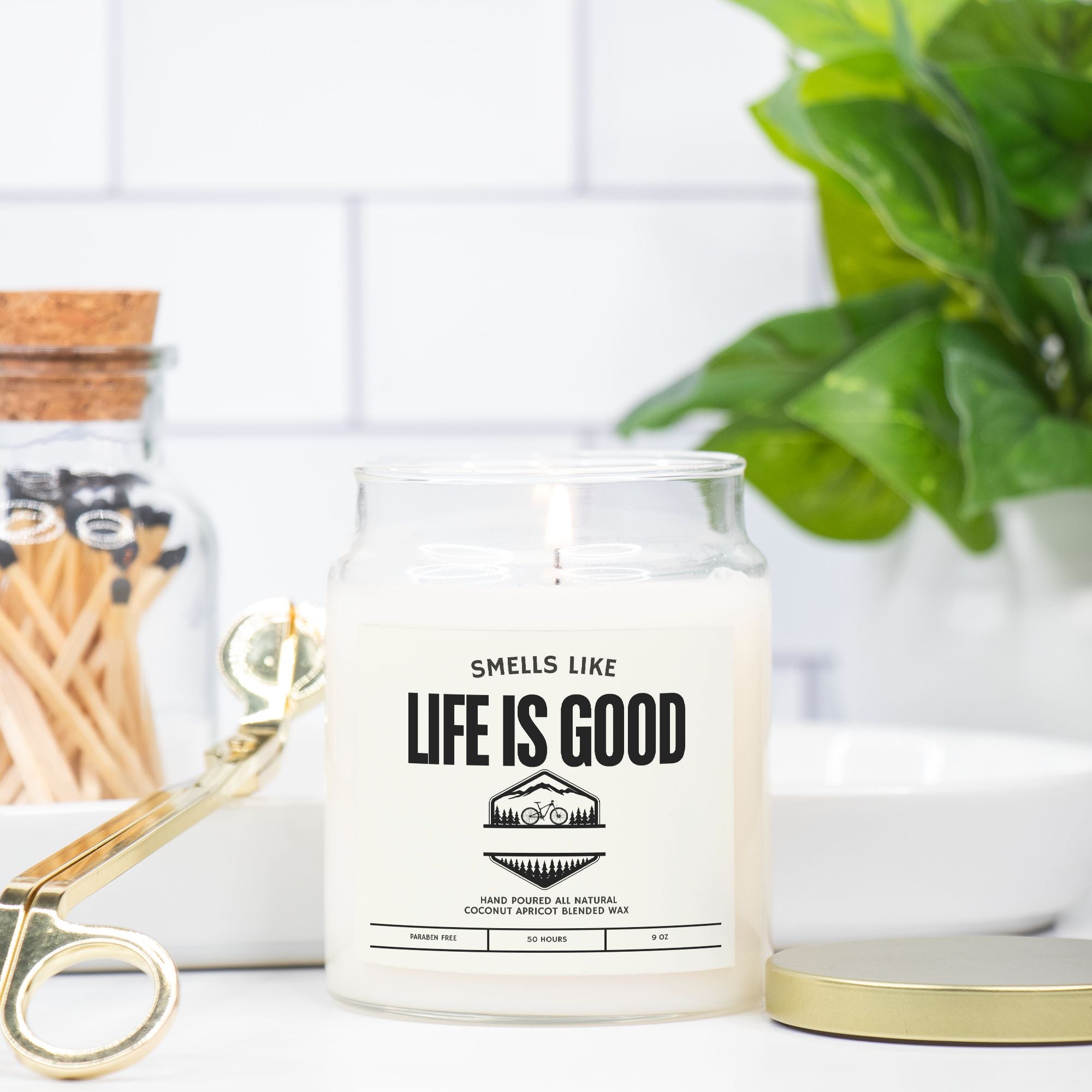 Bike Lover Gift, "Life is Good" Candle, Oakmoss & Amber, Apricot Coconut Wax, 50 Hr Burn, Stocking Stuffer for Cyclists