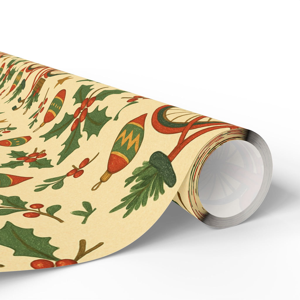 Vintage Holiday Wrapping Paper Roll – Retro Ornaments & Holly Gift Wrap