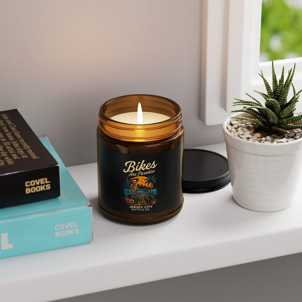 Bike Lover Candle — 'Bikes Are Paradise' Scented Soy Candle (Amber Jar)