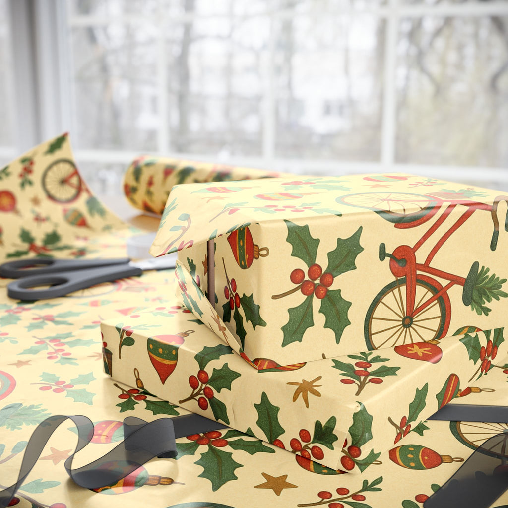 Vintage Holiday Wrapping Paper Roll – Retro Ornaments & Holly Gift Wrap