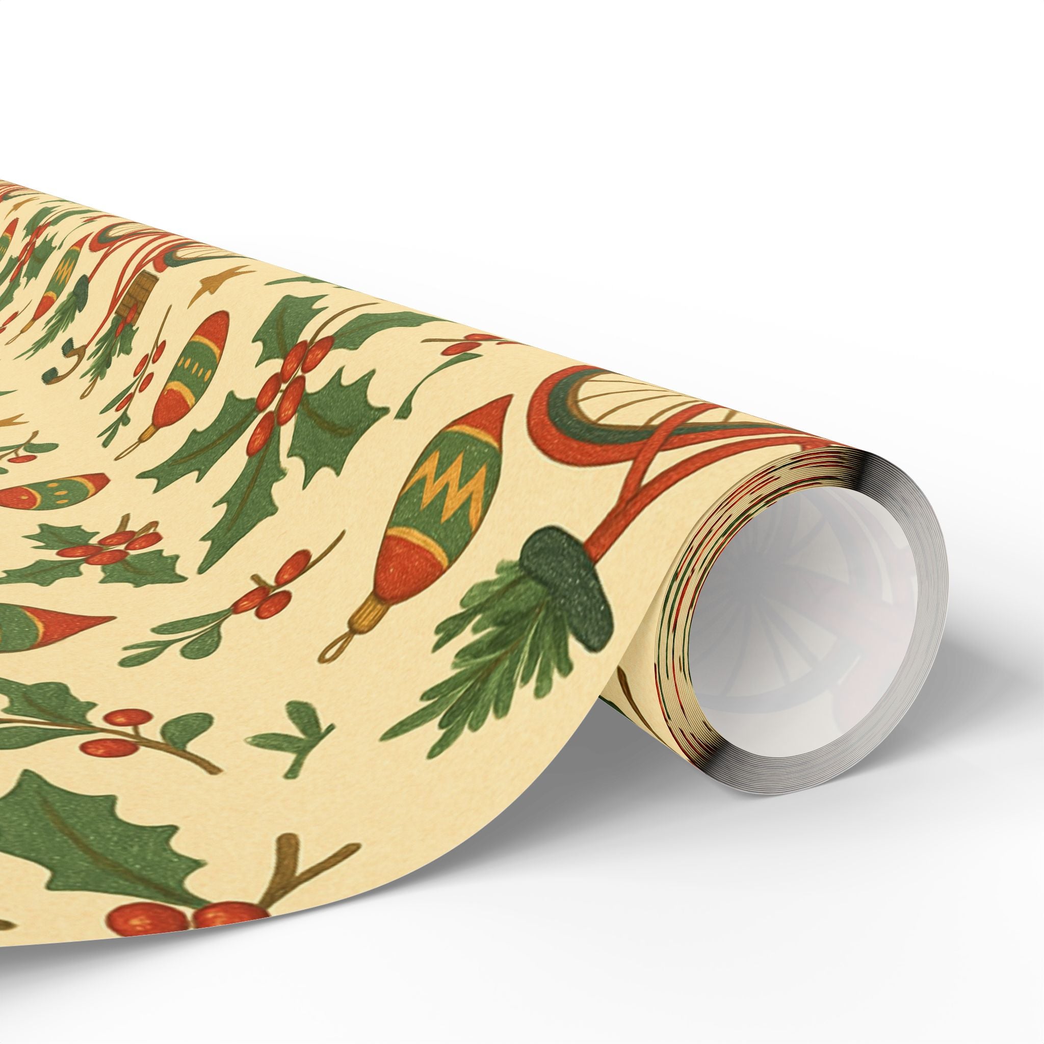 Vintage Holiday Wrapping Paper Roll – Retro Ornaments & Holly Gift Wrap