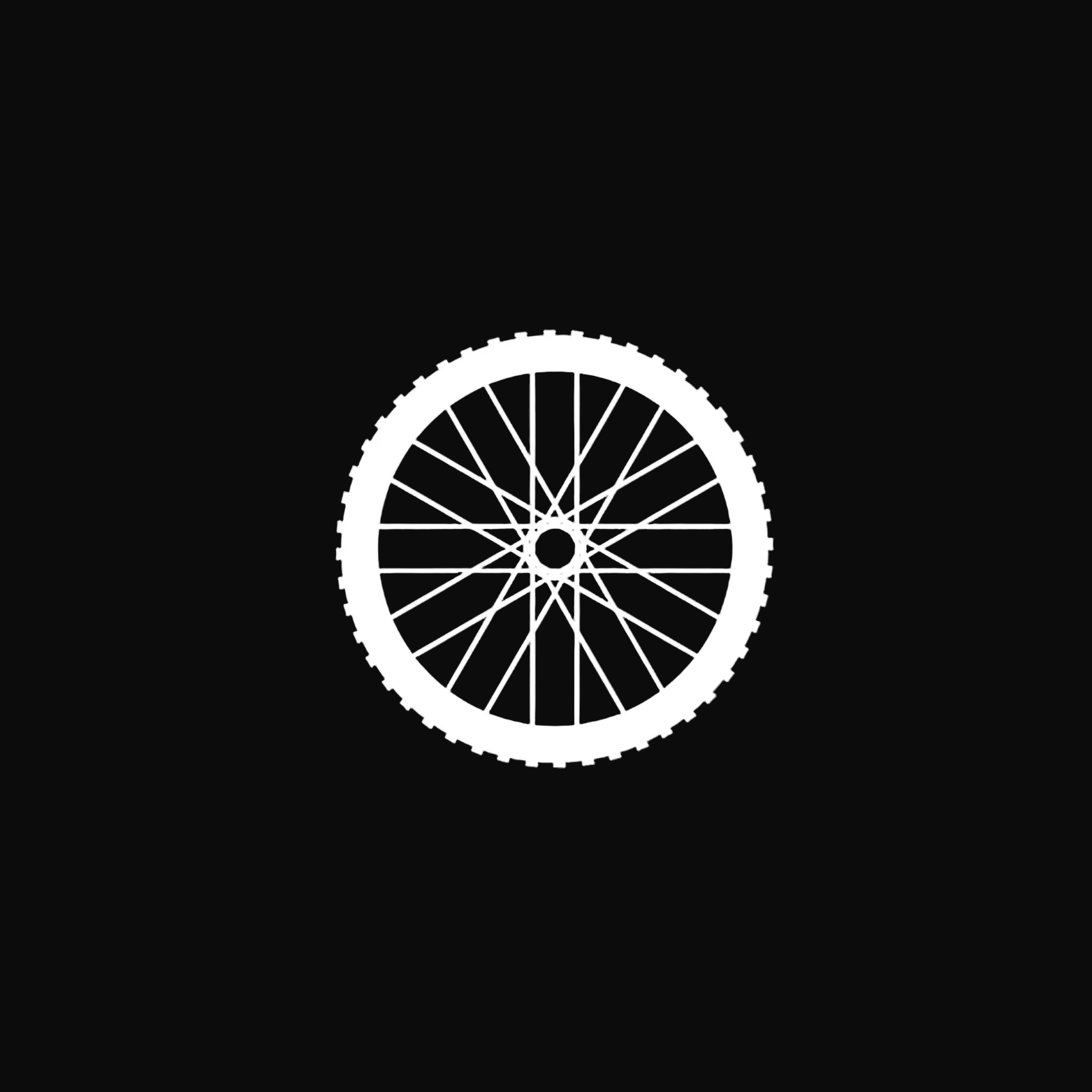 White bicycle wheel icon on a black background