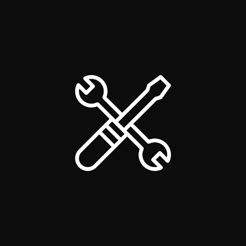 White outline of crossed wrench and screwdriver on a black background