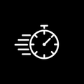 White stopwatch icon on a black background