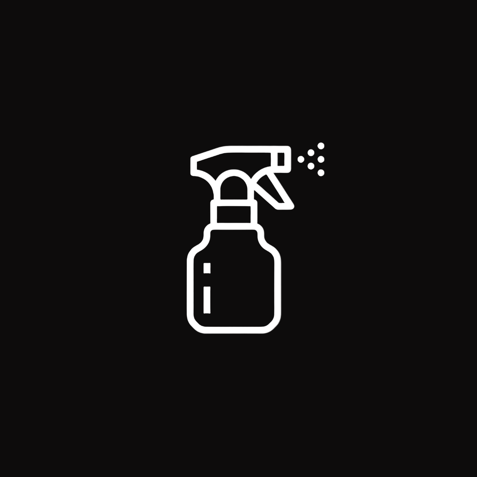 White outline of a spray bottle icon on a black background