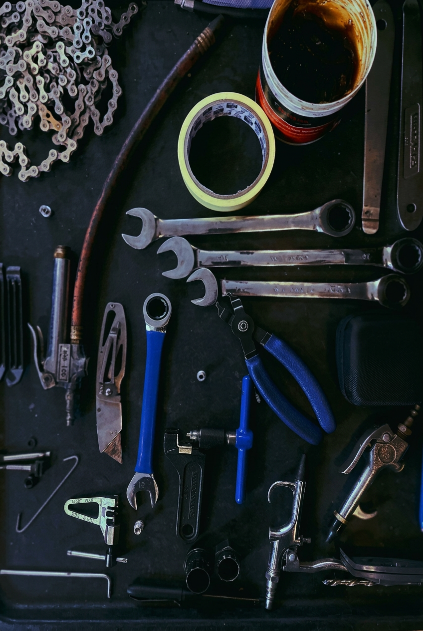 Collection of tools including wrenches, pliers, and a cup on a dark surface