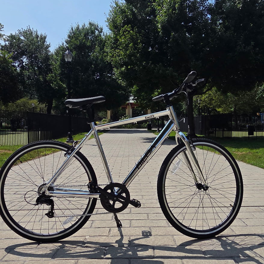 A silver road bicycle with black tires and components, parked on a paved path in an outdoor park setting with trees and a blue sky.