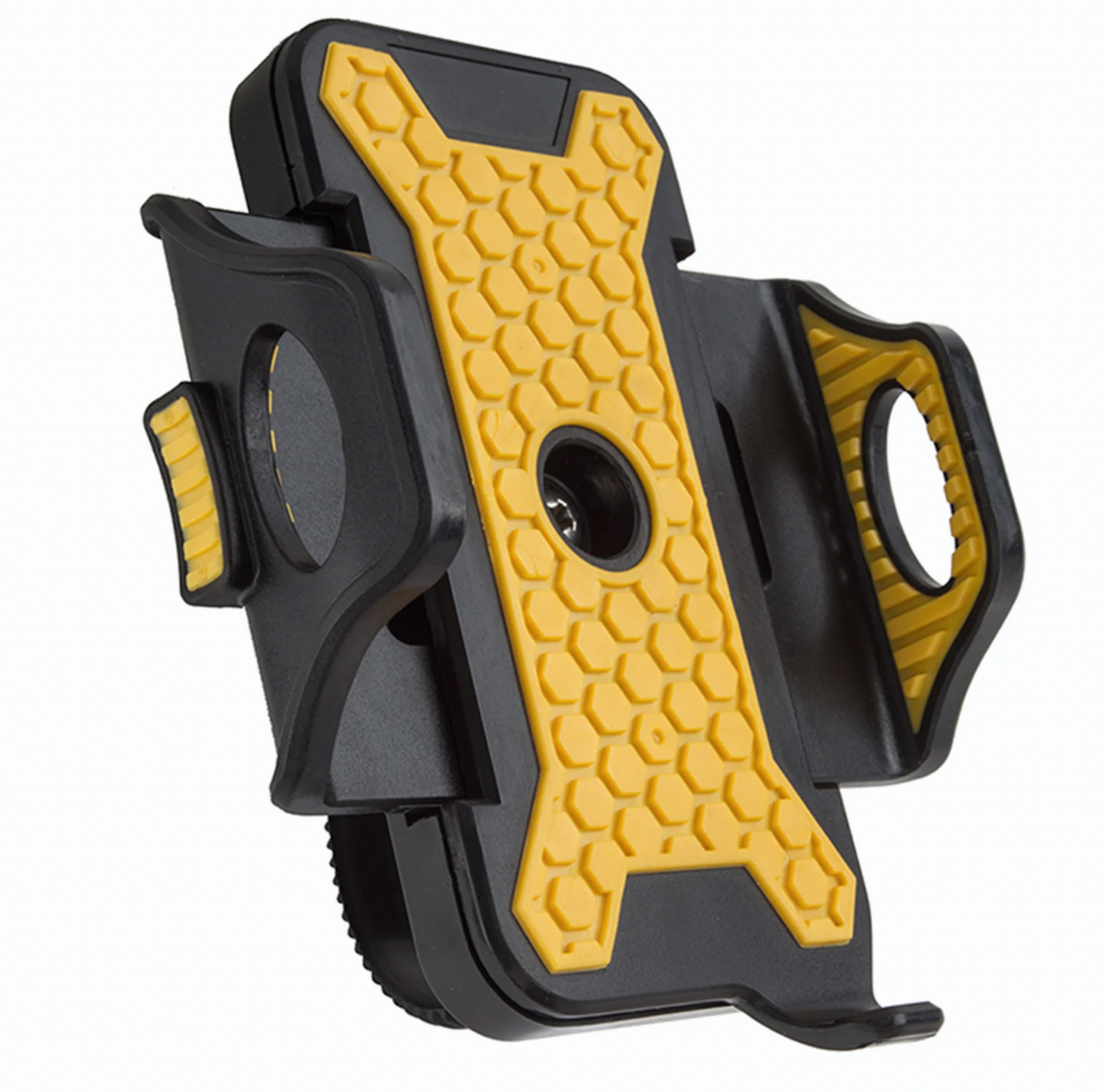 Yellow and black phone holder with textured surface on a white background