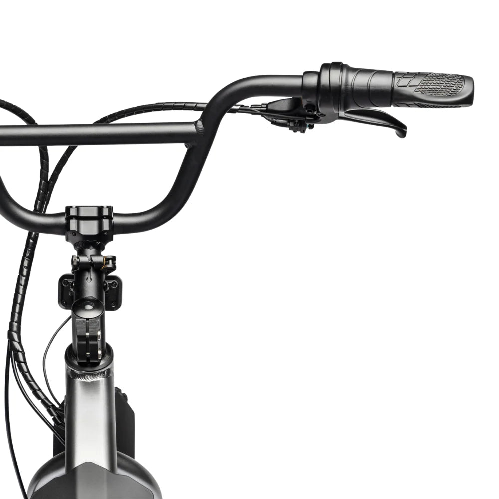 Close-up of a bicycle handlebar with brake levers on a white background