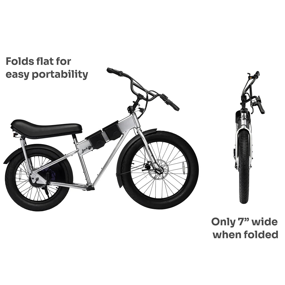 Foldable electric bike shown in two positions: unfolded and folded, with text indicating ease of portability.