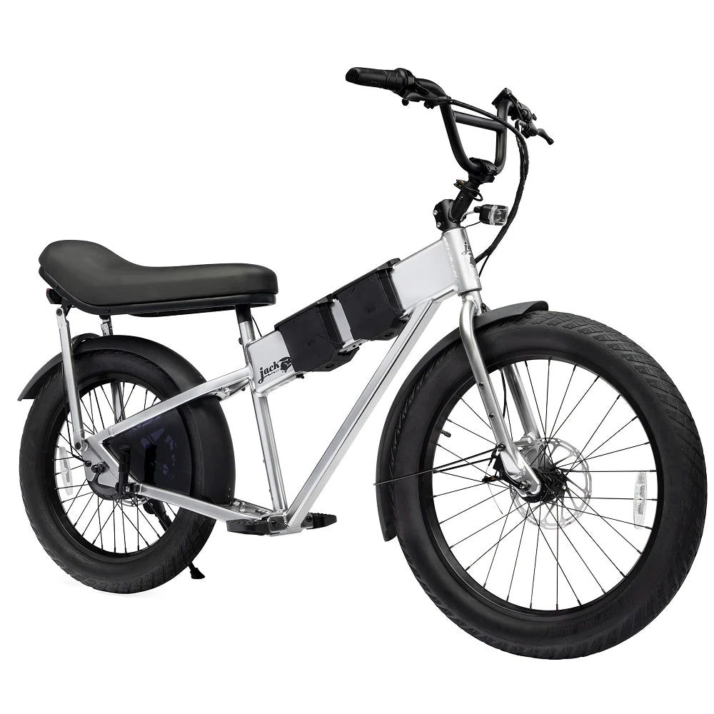 Electric bike with black seat and tires on a white background