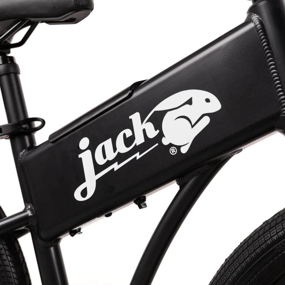 Close-up of a black bicycle frame with 'jack' branding and logo.