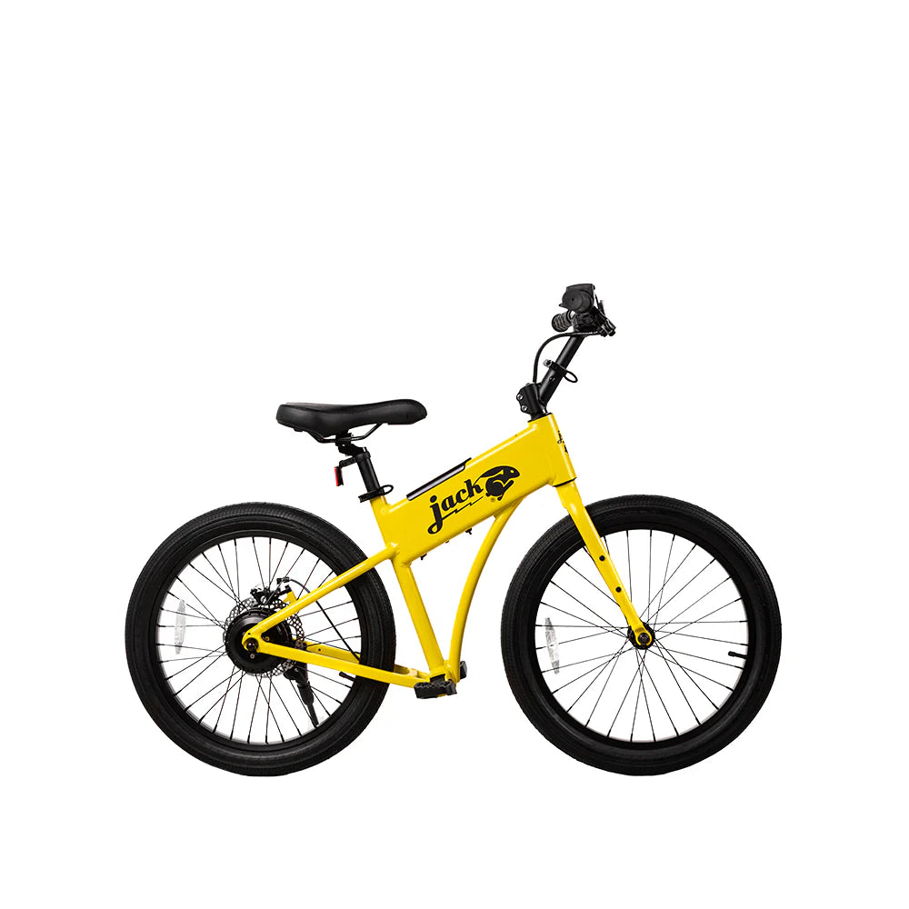 Yellow electric bike with black wheels on a white background