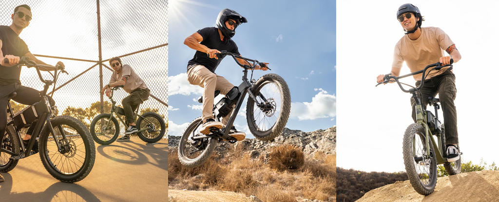 Three different scenes of a person riding a bike outdoors.
