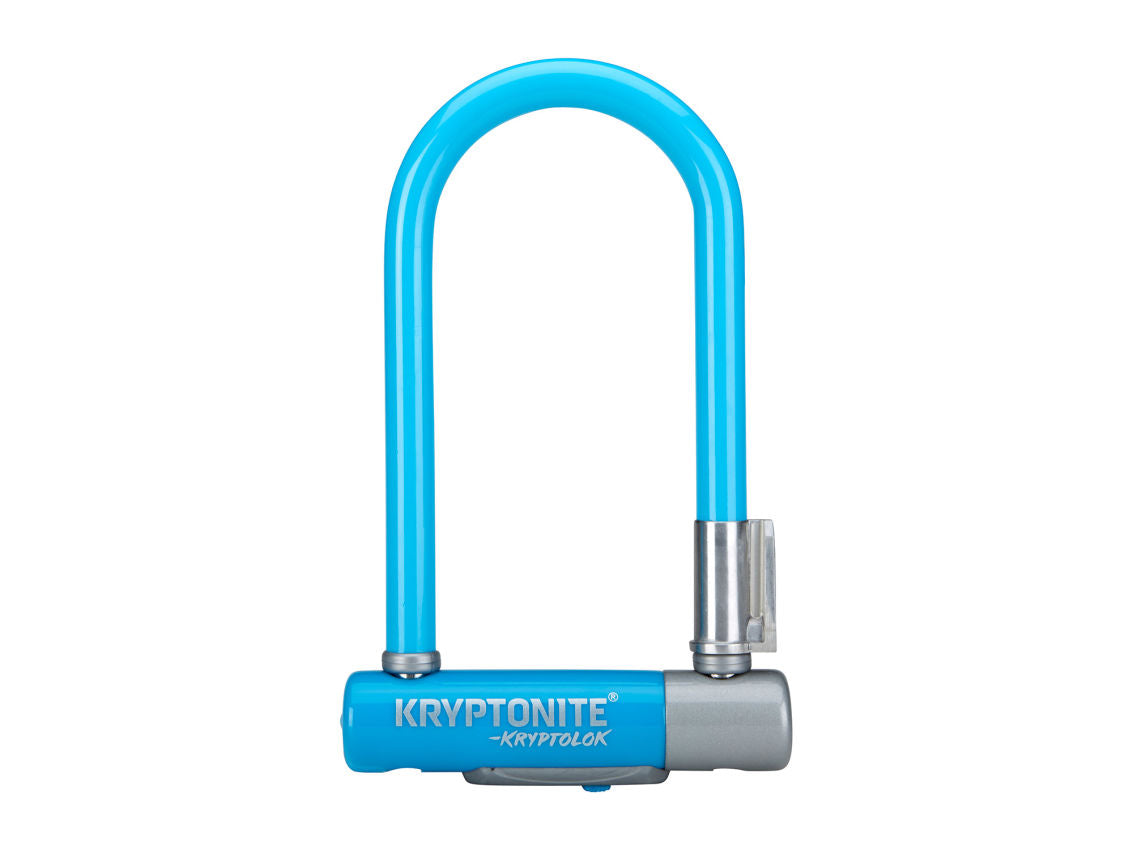 Blue U-shaped lock with Kryptonite branding on a white background