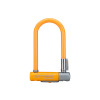 Yellow bicycle lock with an orange  U-shaped design on a white background