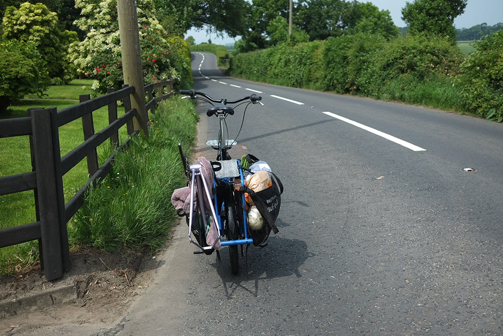 Bicycle with a trailer on a rural road with greenery