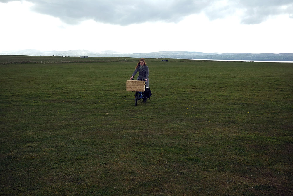 Person with a dog carrying a wooden crate in a grassy field on a cloudy day