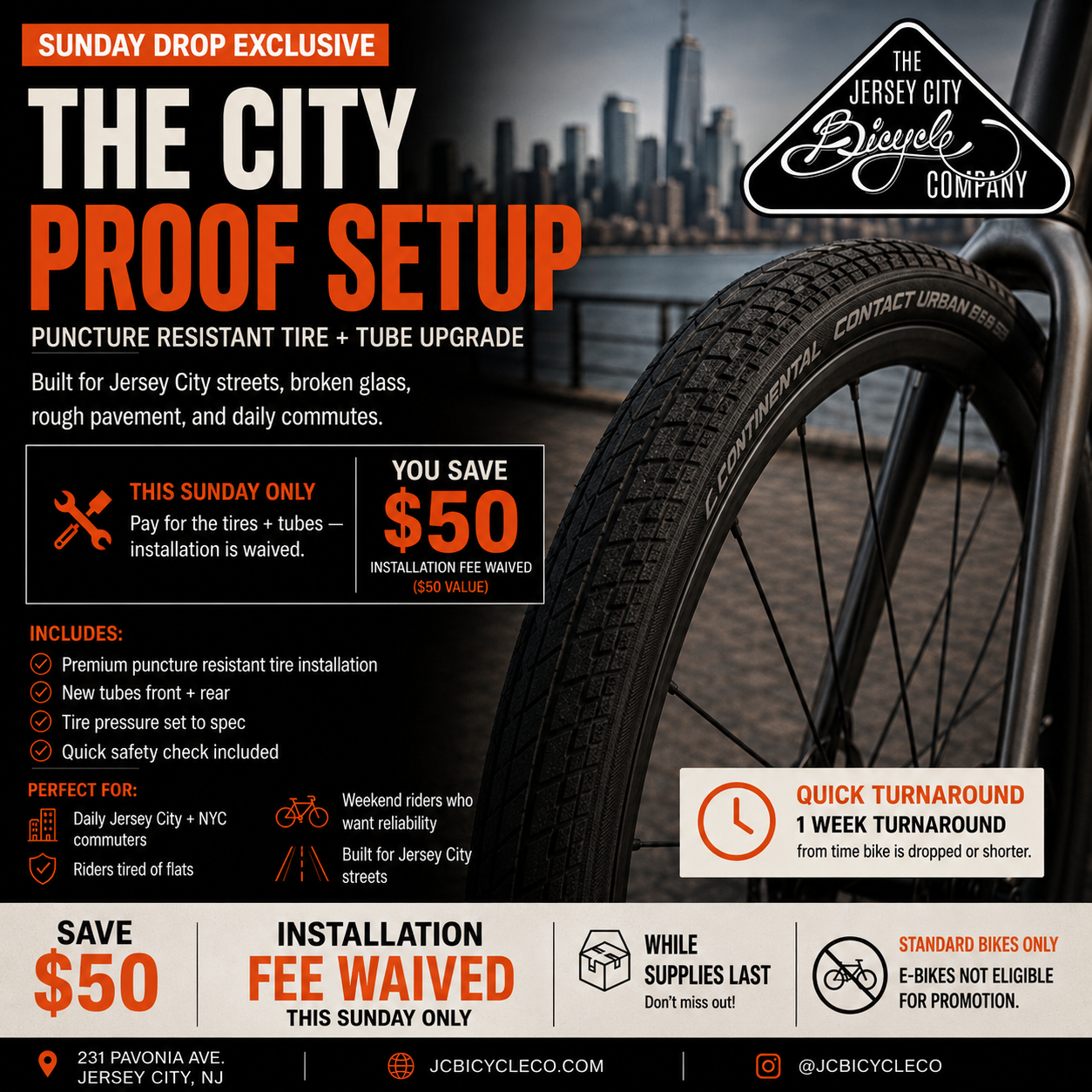 The Jersey City Bicycle Company's city proof setup with tire and tube upgrade offer.