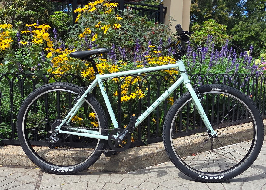 A mint green fixed-gear bicycle with black tires and handlebars parked on a stone paved walkway in front of a covered structure with yellow flowers and greenery.