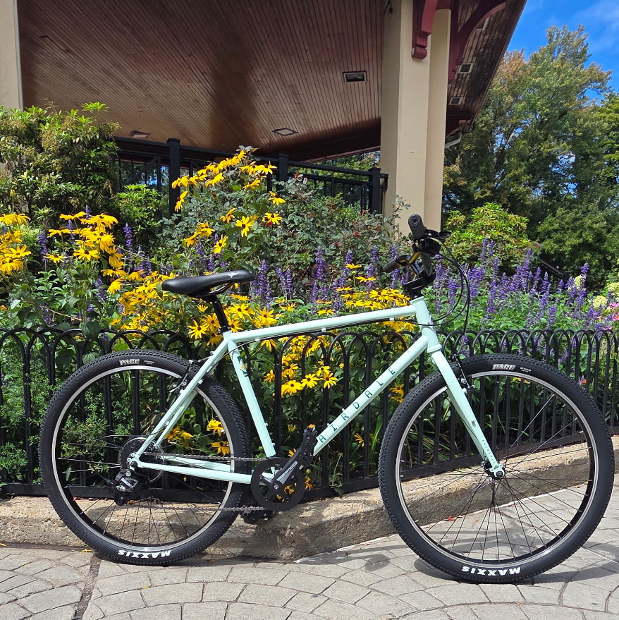 A mint green fixed-gear bicycle with black tires and handlebars parked on a stone paved walkway in front of a covered structure with yellow flowers and greenery.