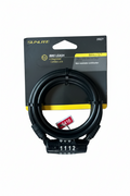 A black Sunlite bike leash with a combination lock and integrated cord lock, packaged on its original black and yellow cardboard backing, placed on a gray wood plank surface.