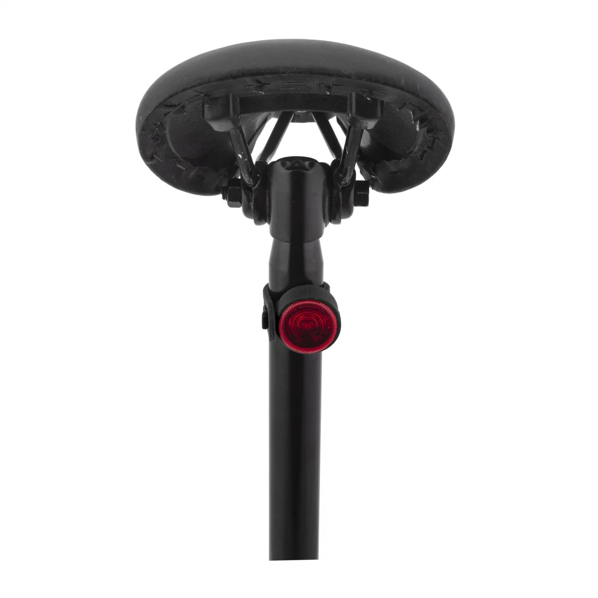 Black bicycle seat with red reflector on a white background