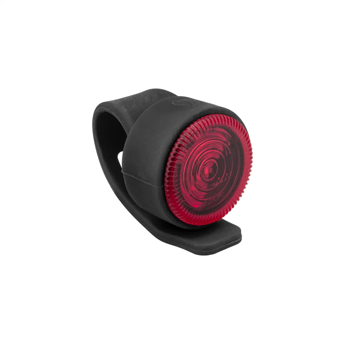 Black bicycle light with red lens on a white background