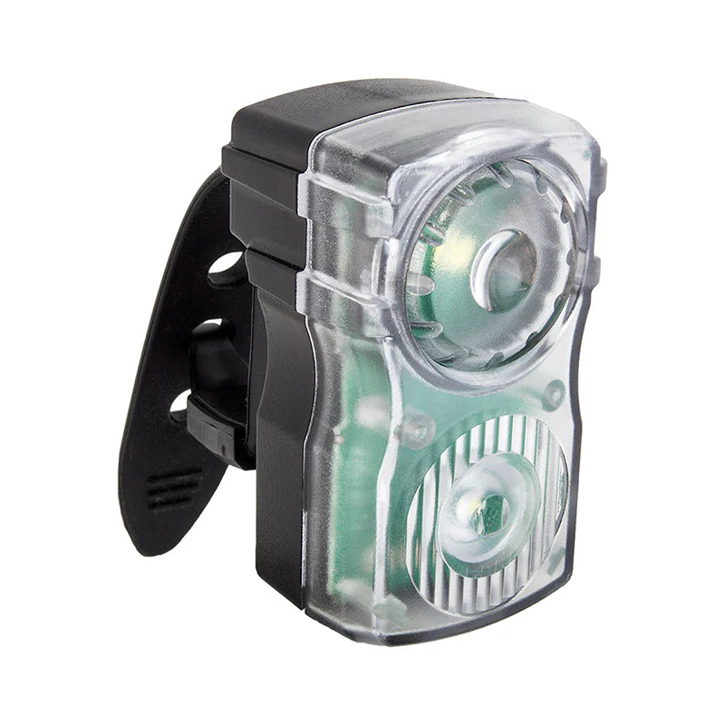 Bicycle light with clear casing and black housing on a white background