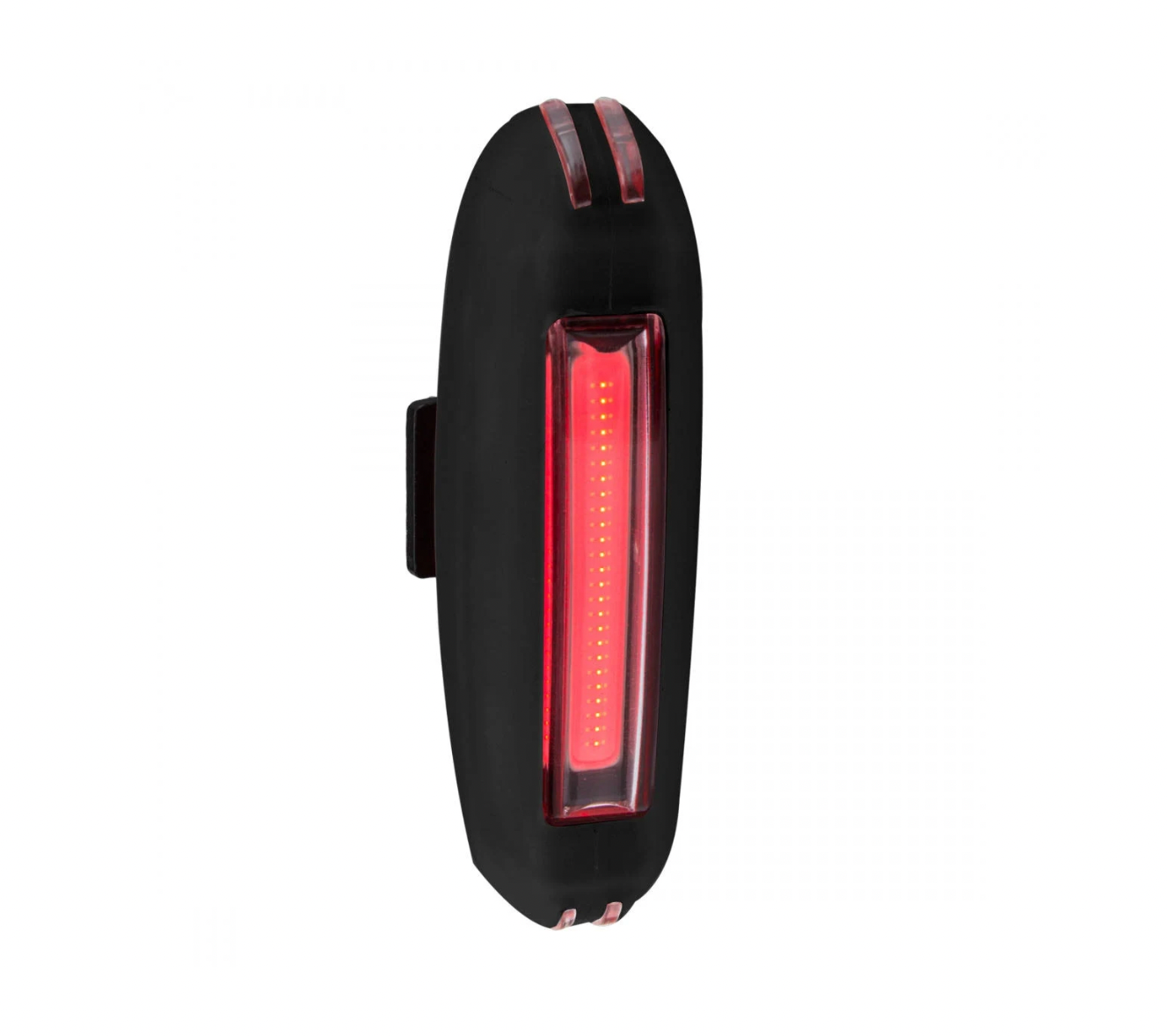 A black bicycle tail light with a glowing red LED light bar, shown against a solid white background.