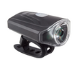 A black bicycle headlight with an integrated mounting clip, featuring a clear protective lens over the light bulb and a small white button on top, shown against a plain white background.