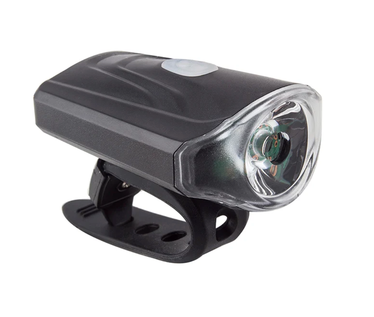 A black bicycle headlight with an integrated mounting clip, featuring a clear protective lens over the light bulb and a small white button on top, shown against a plain white background.