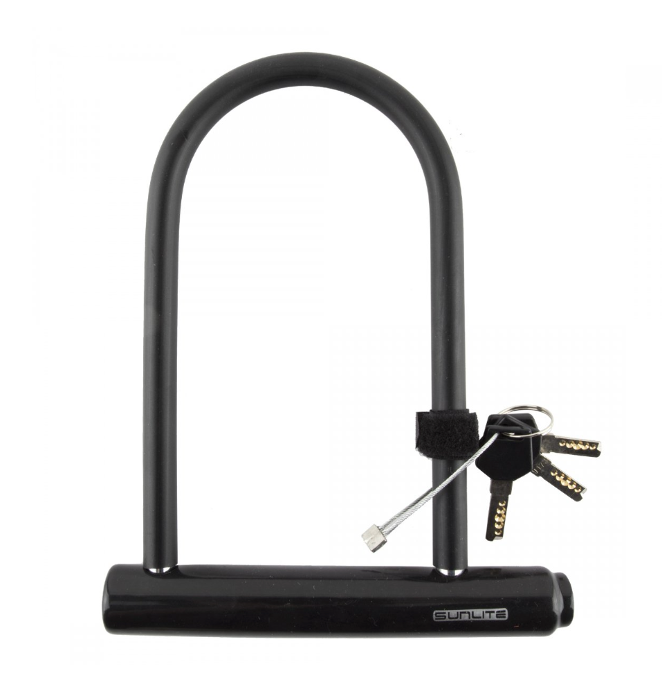 A black U-shaped bicycle lock with a matching key attached via a black strap, shown on a plain white background. The brand name 'SUNLITE' is visible on the base of the lock.