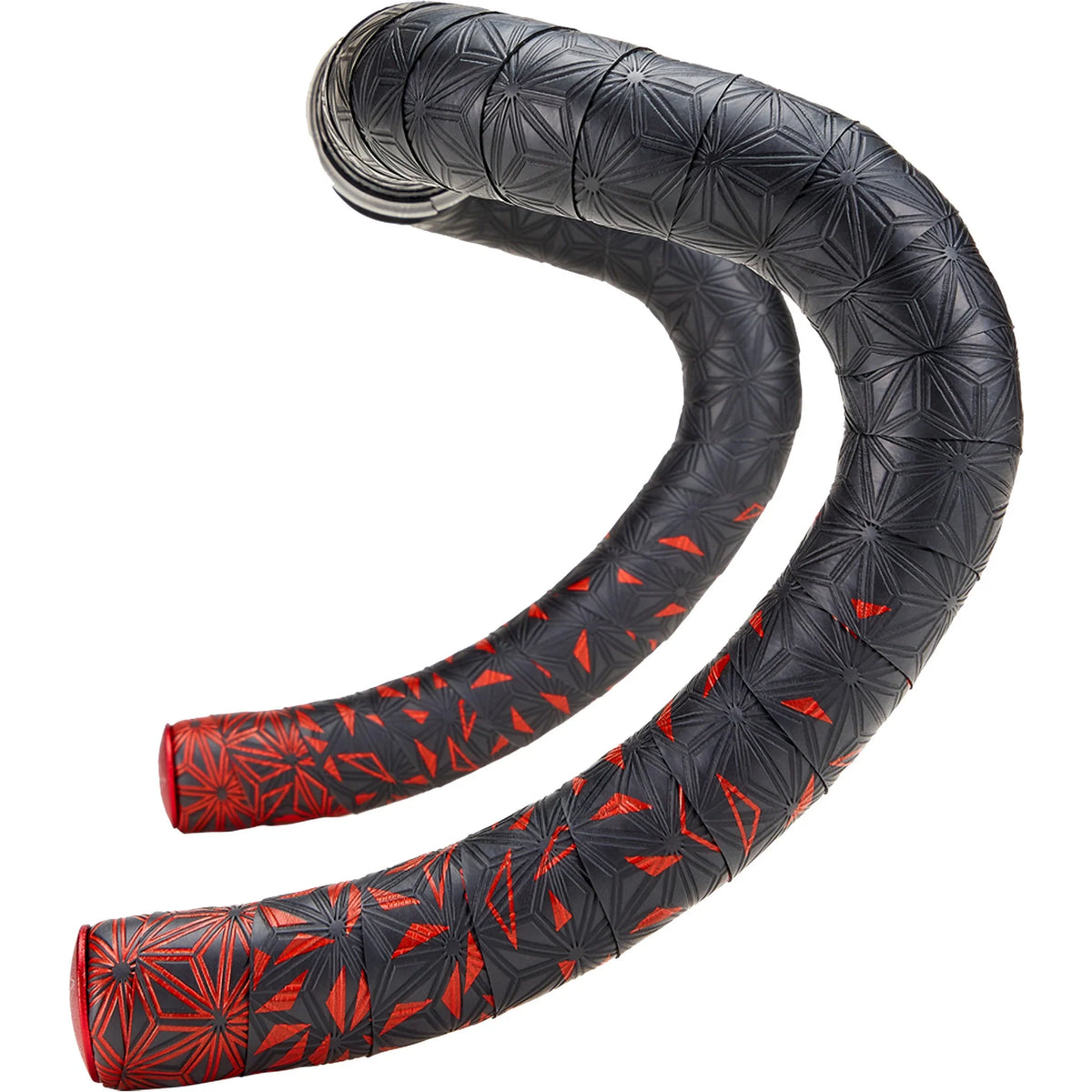 Black and red patterned handlebar wraps on a white background