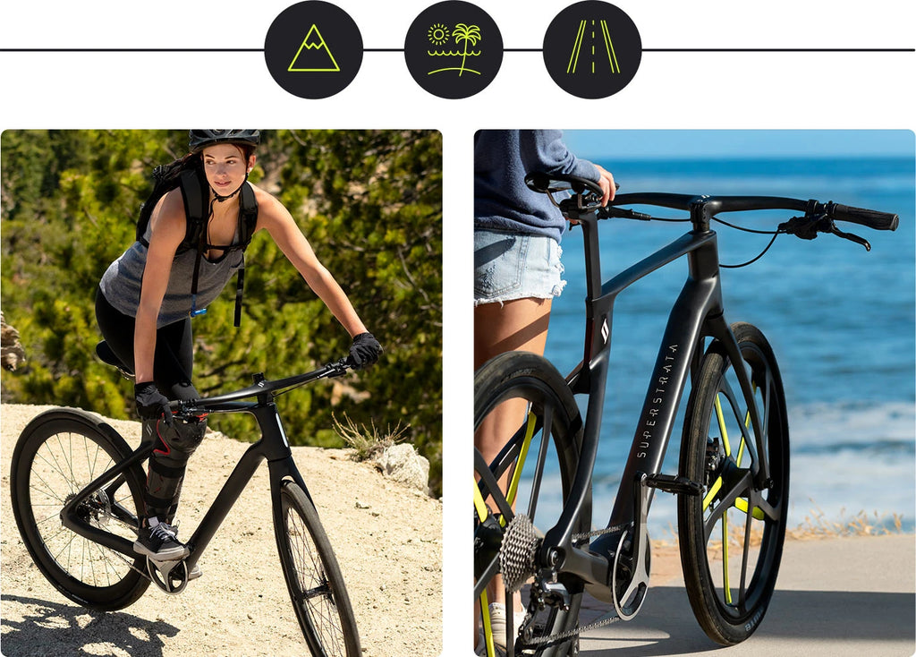Two people riding bicycles with scenic backgrounds