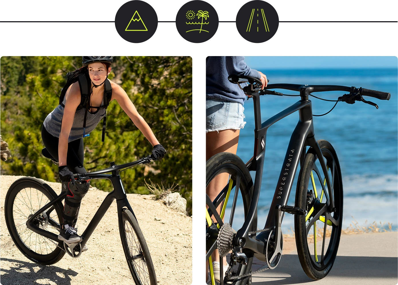 Two people riding bicycles with scenic backgrounds