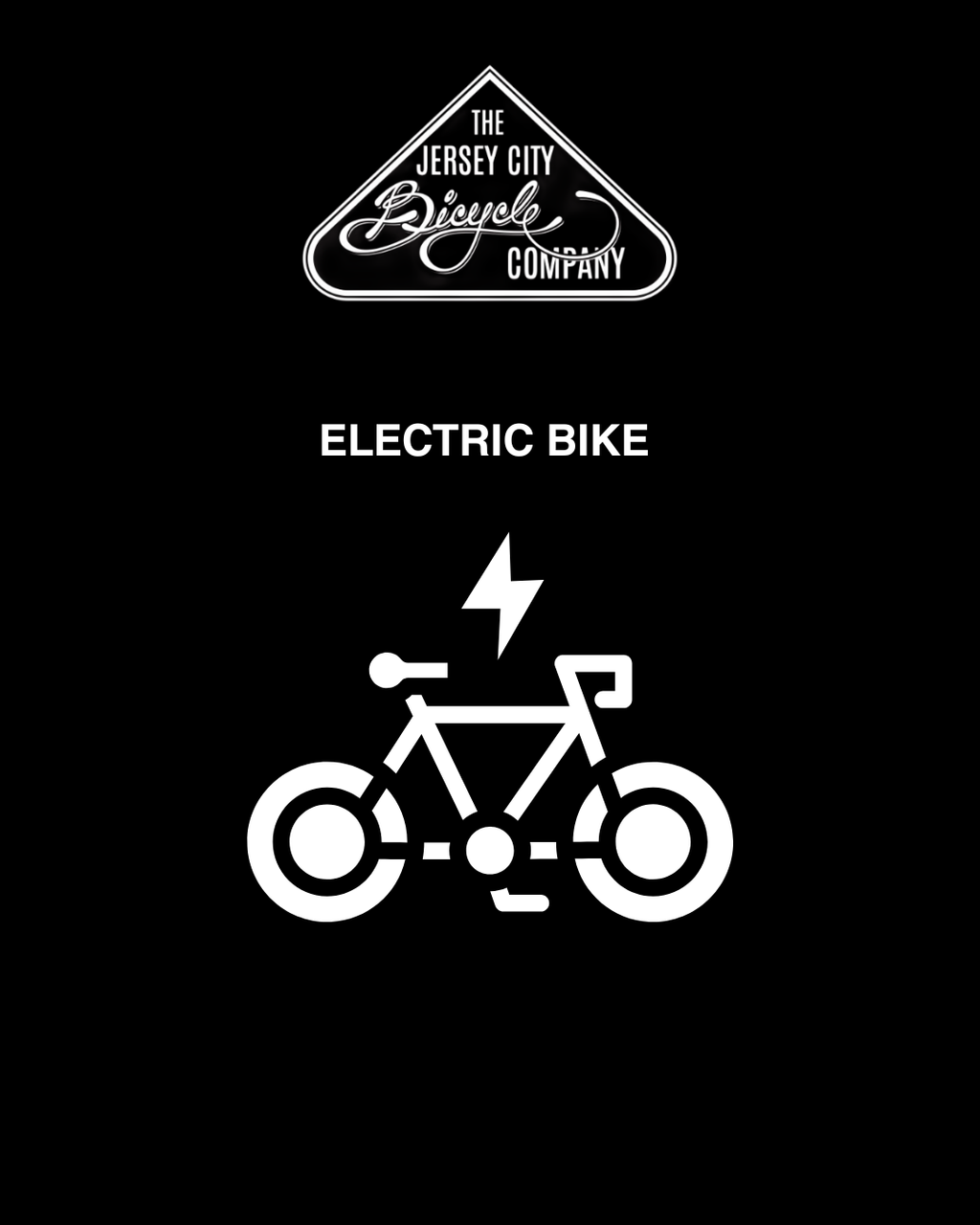 Electric bike illustration with 'The Jersey City Bicycle Company' logo on a black background