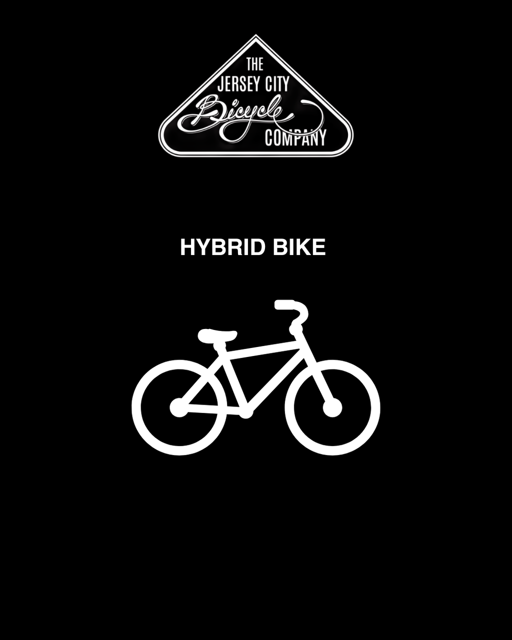 Black background with 'The Jersey City Bicycle Company' logo and a white hybrid bike illustration.