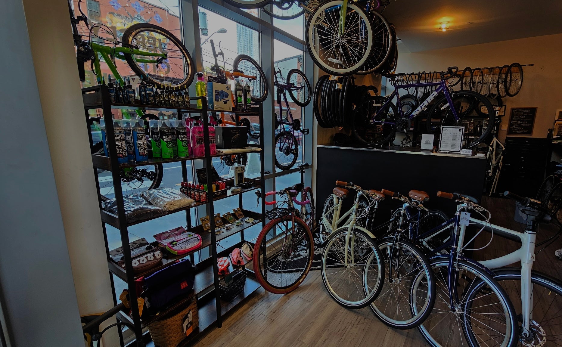 Bicycle store interior with various bicycles on display