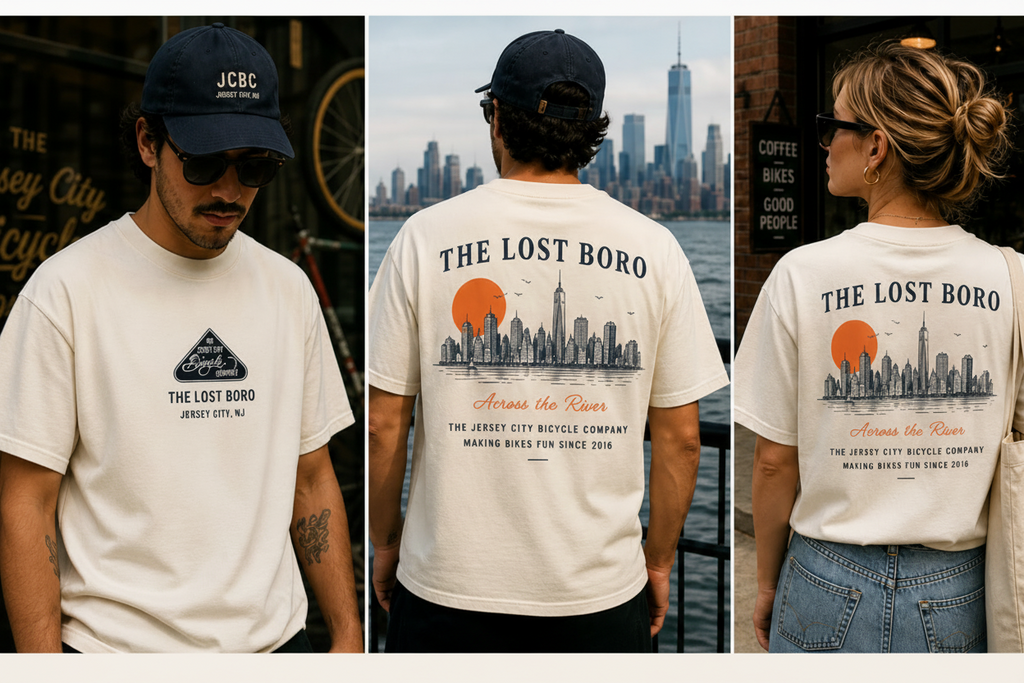 Graphic Tee — "The Lost Boro" Jersey City Skyline Bike Club Shirt