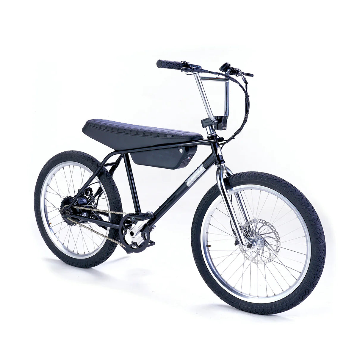 Black bicycle with white wheels on a white background