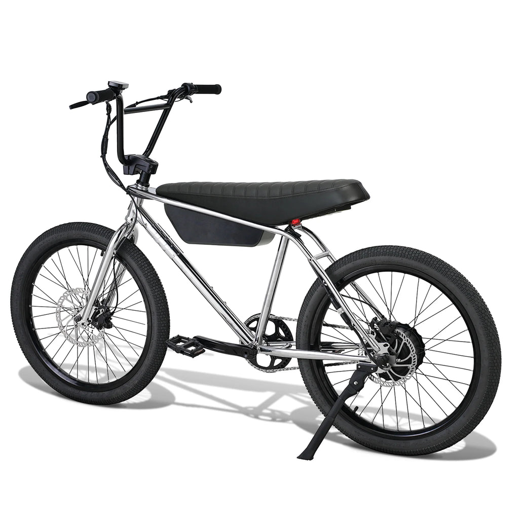 Bicycle with black seat and tires on a white background